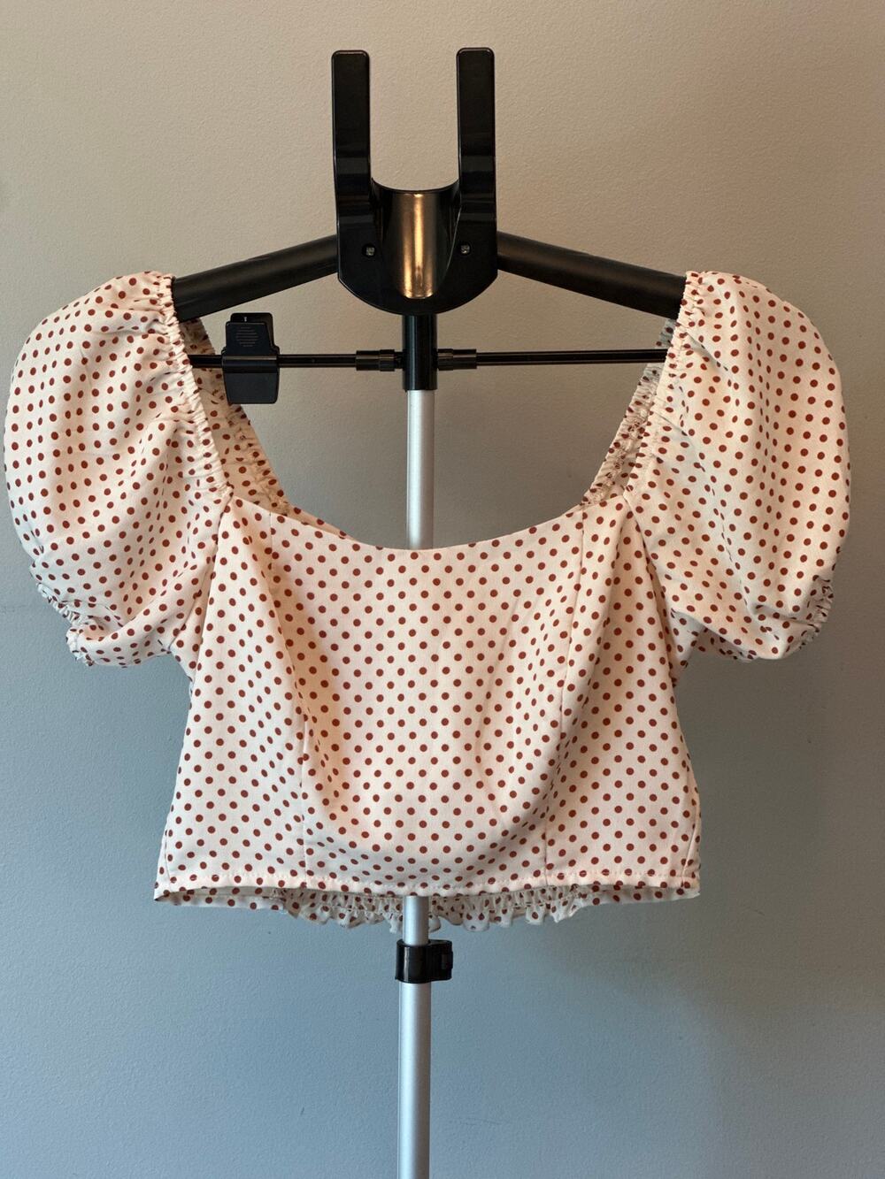 Altar’d State Polka Dot Puff Sleeve Crop Top Small S Cream Brown Babydoll